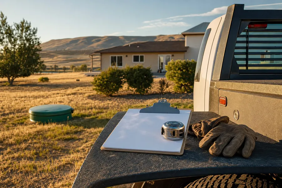 Estimate clipboard and tape measure on a work truck fender at a Pocatello acreage