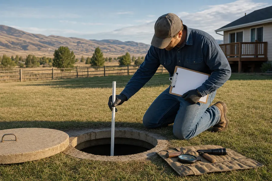 Technician measuring sludge depth at an open septic tank lid on a Pocatello acreage
