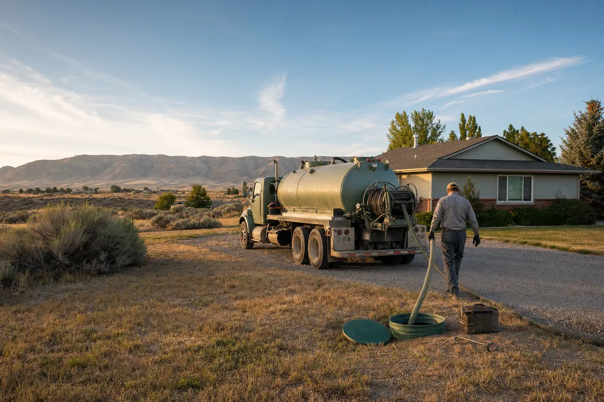 Septic pump truck at work beside an open tank riser on a Pocatello acreage, Bannock Range behind