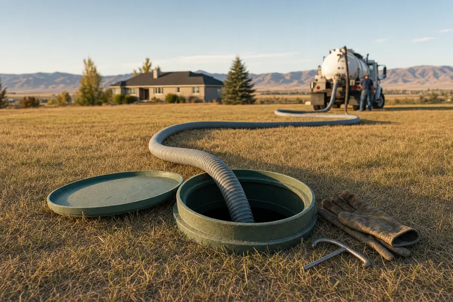 Vacuum hose seated in an open green septic riser in dry grass